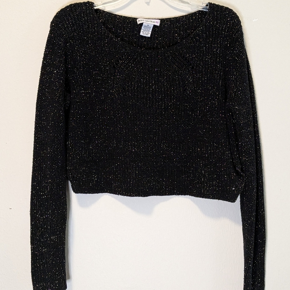 Body Central Sweater Sz M Black Cropped Gold Threads Goth Grunge Whimsicore